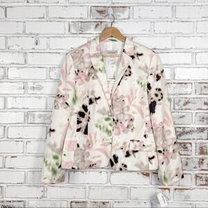 Louis Feraud Pink Green Watercolor Floral Long Sleeve Pearl Button Silk Blazer